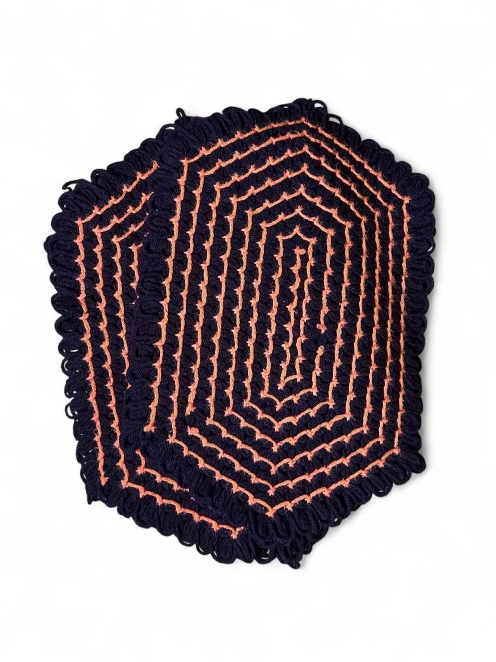 Vintage Handmade Crochet Hexagon Brown Orange Spooky Halloween Place Mats Set 4
